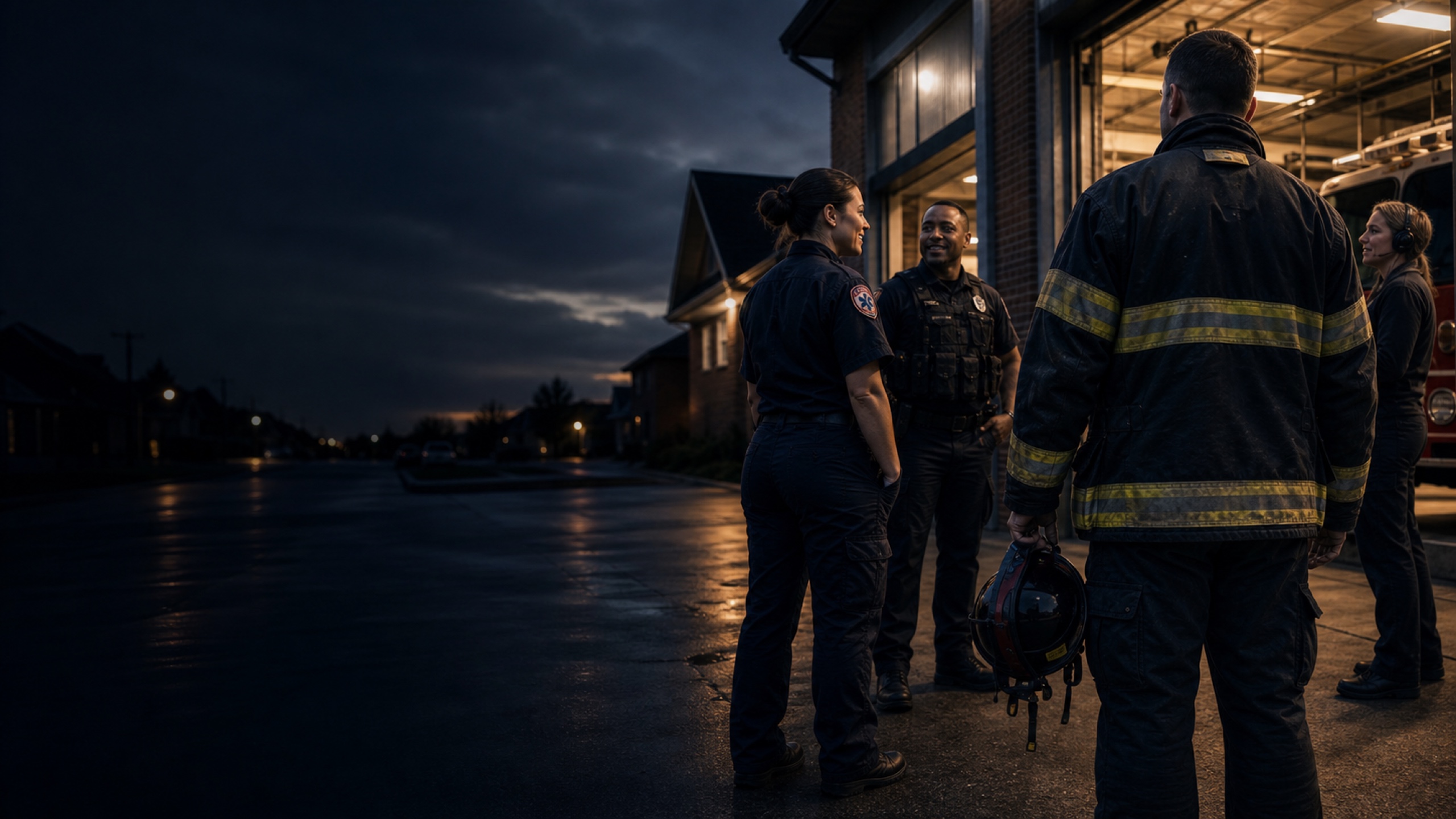 Fire, EMS, law-enforcement, and emergency-dispatch professionals together outside a neighborhood station